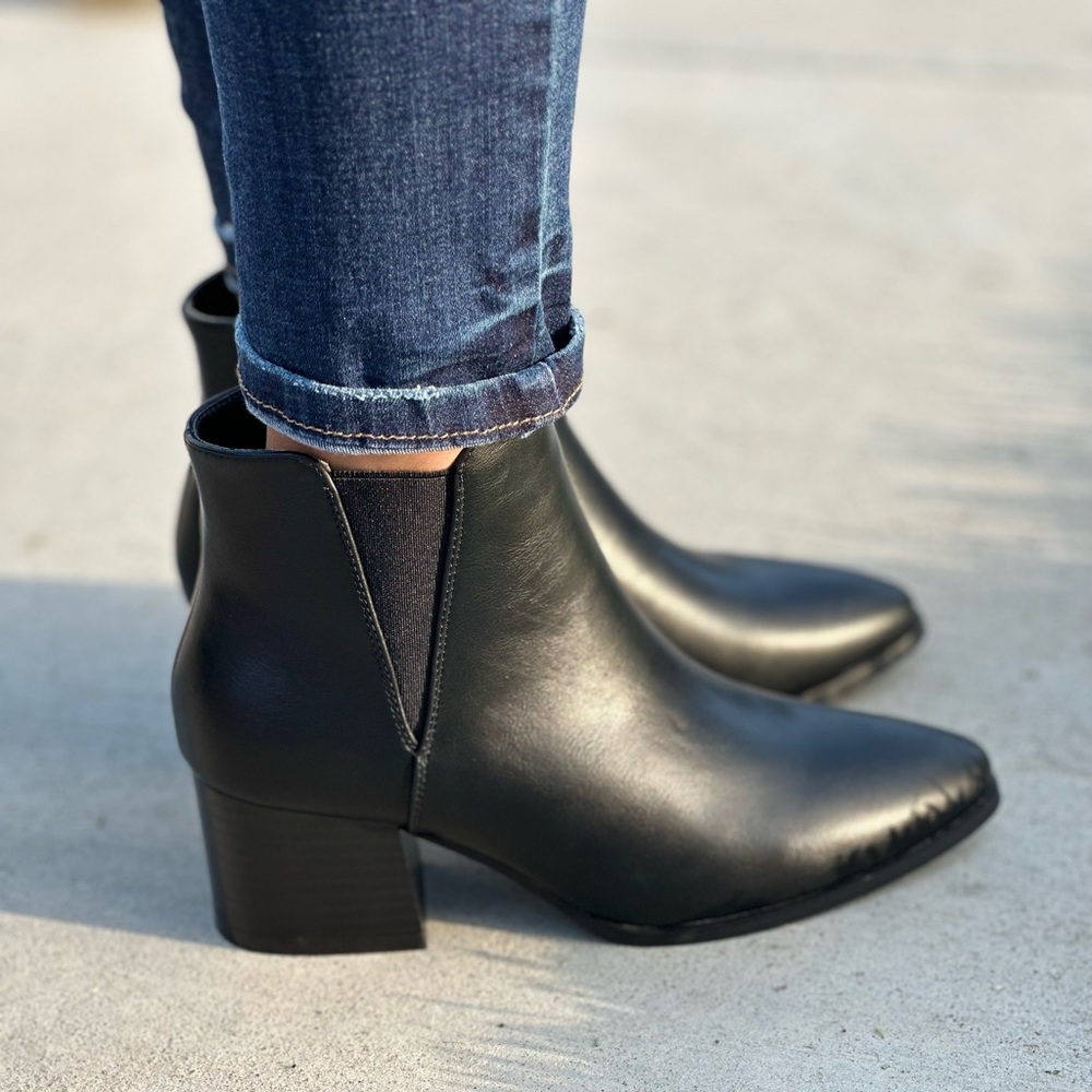 Black chunky wooden stack heel ankle bootie